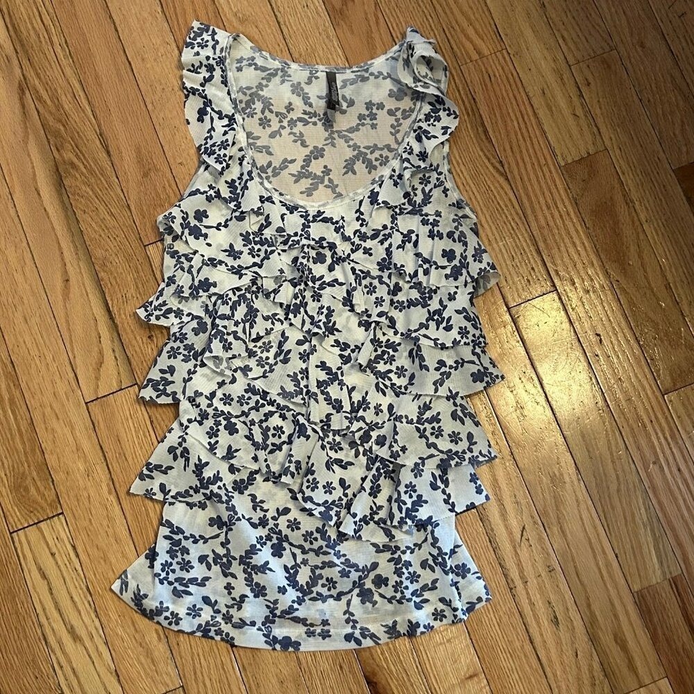 Charlotte Russe‎ Sleeveless Purple & White Blouse with Ruffles Floral Sz L T22-6